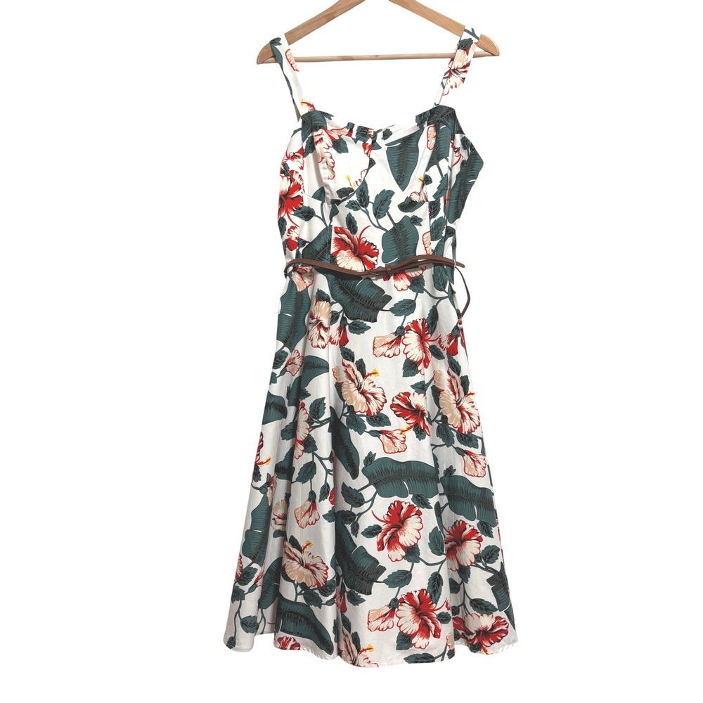 NWT Belle Poque Tropical Floral Dress Women L White Red Retro Rockabilly Pin-Up